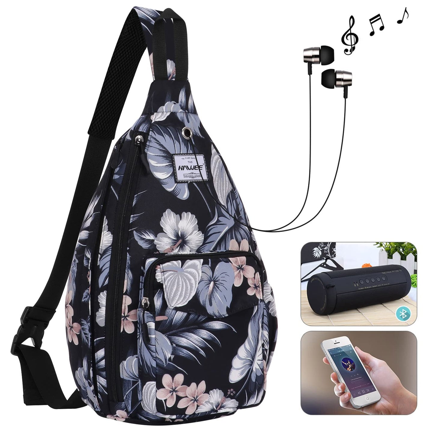 HAWEE Hawaii Flower Crossbody Sling Shoulder Bag Lightweight Waterproof Cloth with Adjustable Strap Earphone Hole, Hibiscus