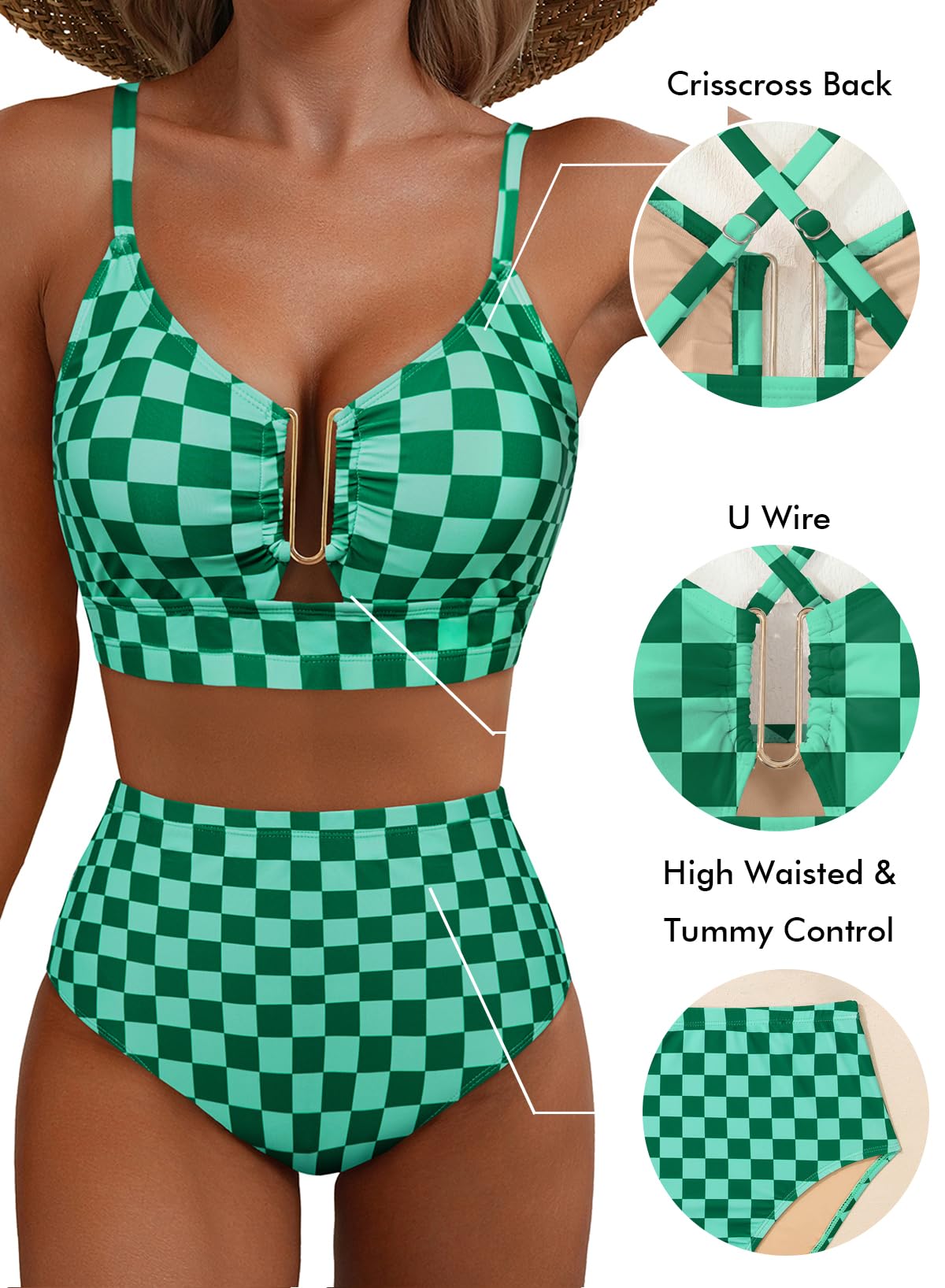 Herseas Women High Waisted U Wire Bikini Sets Floral Print Cutout Two Piece Swimsuit Crisscross Back Supportive Bathing Suits Trendy 2026 Summer Beach Swimming Pool Outfits Green Checkered Medium