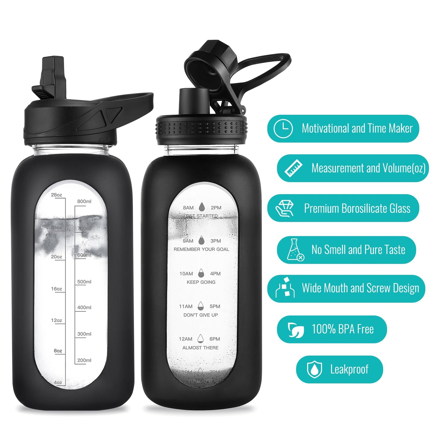EALGRO 64 oz Glass Water Bottle With Straw and Handle, Half Gallon Sports Motivational Water Jug Flask with Silicone Sleeve, Large Water Cup with Time Marker for Travel, Gym, Seafoam