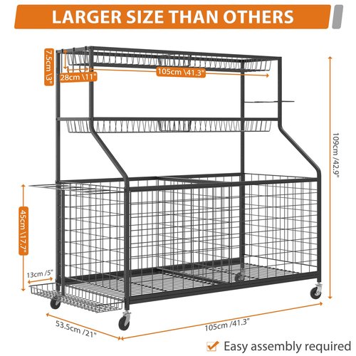 Gadroad Sports Equipment Organizer, Ball Rack, Gear & Ball Storage - Garage Organizer with Baskets, Hooks & Rolling Cart - Black