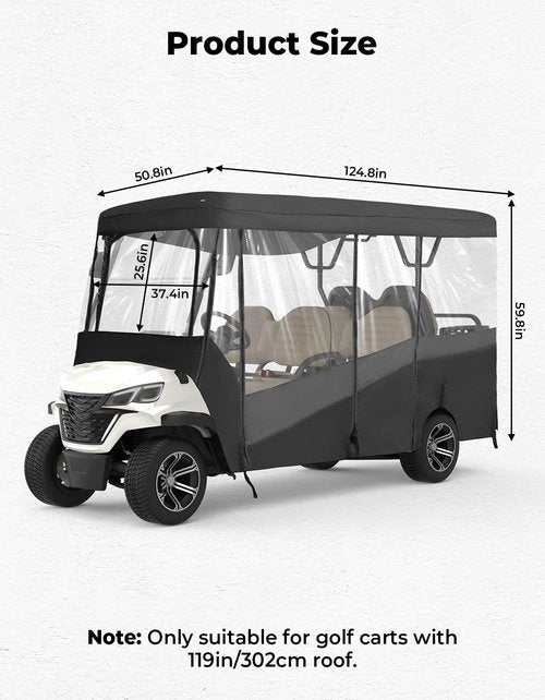 KEMIMOTO Golf Cart Enclosure, 6 Passenger Golf Cart Rain Cover, 600D Waterproof Driving Enclosure with Clear PVC Windshield for Extended Roof Golf