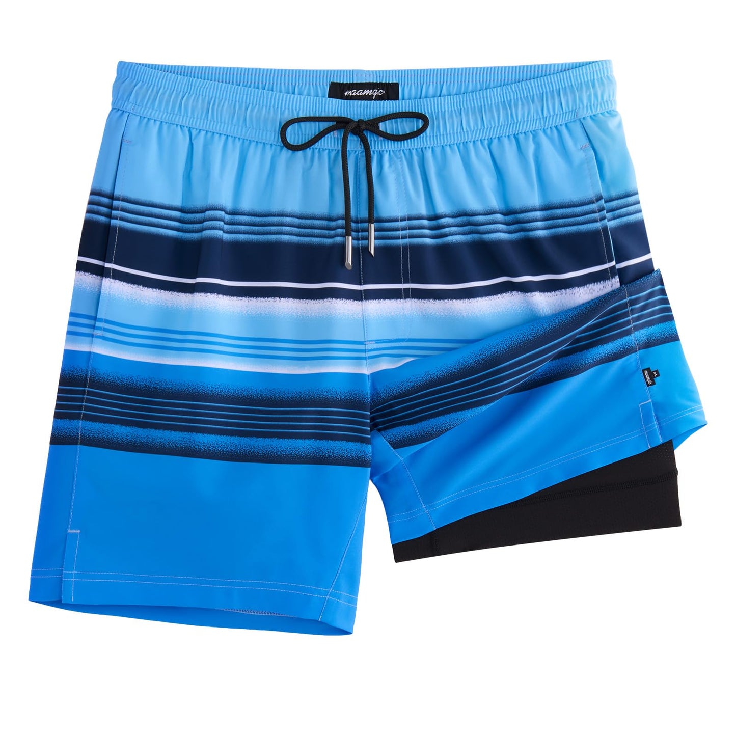 maamgic Mens Swim Trunks with Compression Liner 7 Inch Inseam Mens Bathing Suit Quick Dry Swimming Trunks Swimsuit Stripe Blue Black Medium