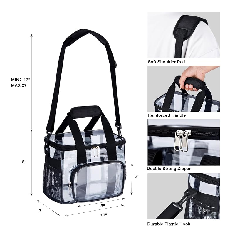 Clear Lunch Bag for Work Stadium Approved, 8x10x7in, 12-Can Capacity - Black + 10 Cans