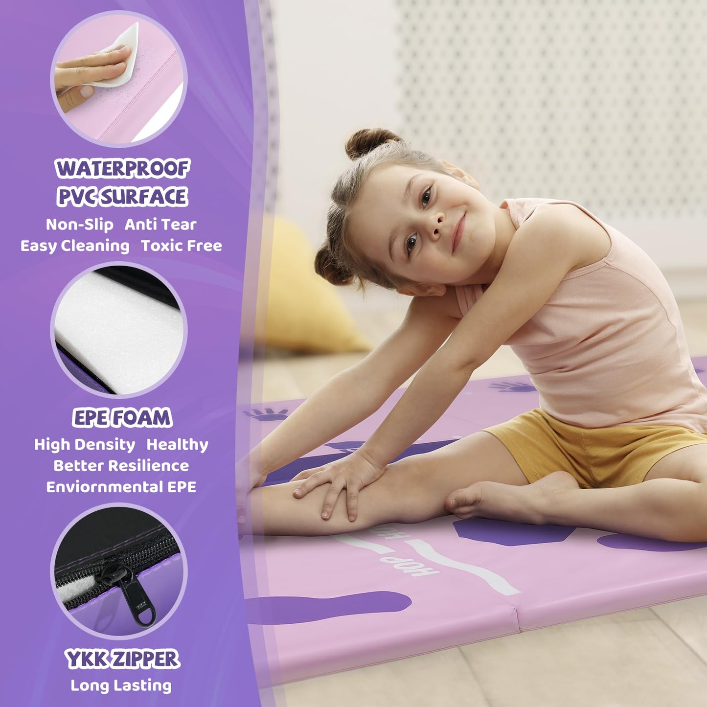 Kangaroo Hoppers Gymnastics Tumbling Mat with Balance Beam - Kids Folding Tumble Mat for Endless Play & Skill-Building, Perfect for Home Gym, Playroom and Backyard Activities, Purple & Pink