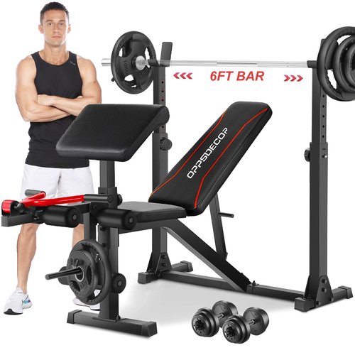OPPSDECOR Weight Bench Set with Leg Extension and Curl, 900LBS Profesional Bench Press Set and Barbell Rack with Safety Spotter Catches, Preacher Curl Workout Benches for Home Gym
