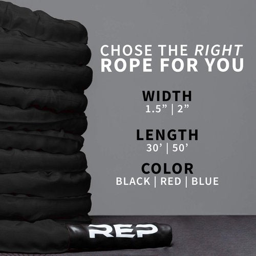 REP Battle Ropes - PolyDacron Battle Rope for Strength and Conditioning Workouts – 1.5" and 2" Diameter, 30ft, 40ft, 50ft Lengths with Optional Cover Sleeve (Black, 1.5 inch x 30 ft)