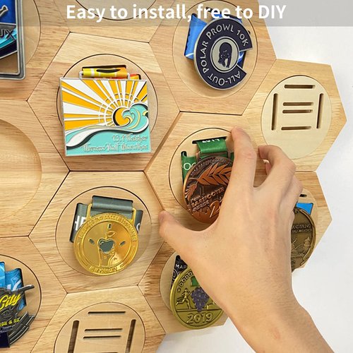 AHANDMAKER Medal Holder Display Stand, Honeycomb Medal Display Stand Medal Hanger Display Wooden Medal Stand Stitching Free Punch for Basketball and Awards Displays