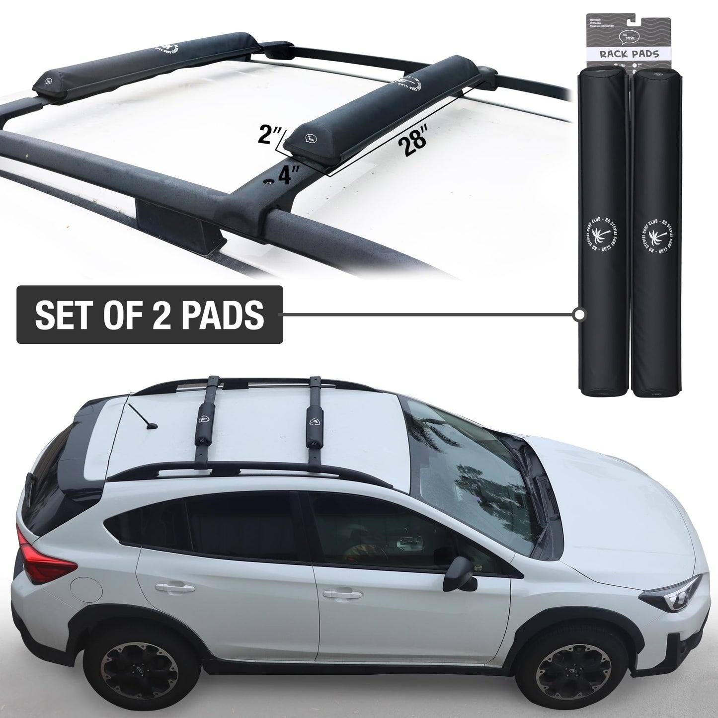 Ho Stevie! Surfboard/SUP Aero Roof Rack Pads (Set of 2 Pads, 28" or 17") for Cars with Crossbars (28")