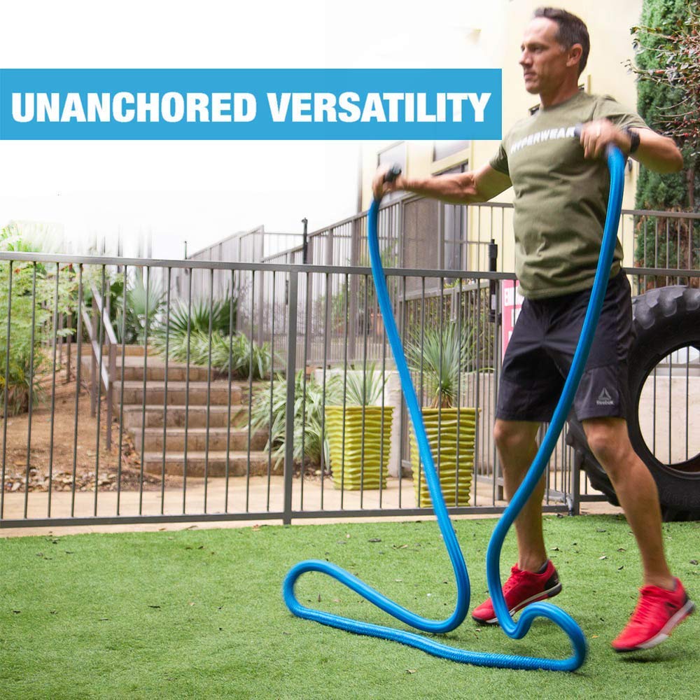 HYPERWEAR Hyper Rope Weighted Short Battle Rope, 15 lbs, 1.5in x 20ft, Anchor Optional, Full-Body Workouts (Blue)