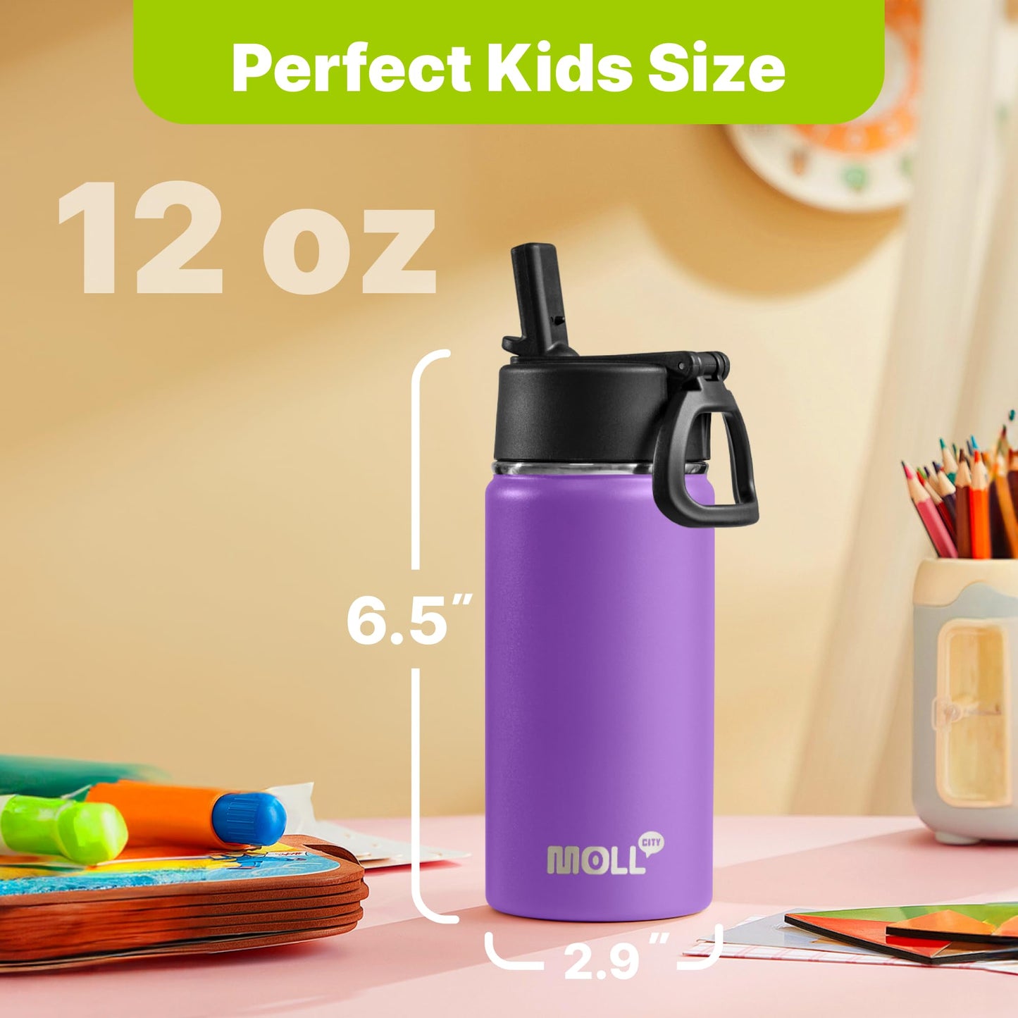 Mollcity 12 oz Water Bottle for Kids-Small Insulated Water Bottle with Straw-Stainless Steel Double Wall Vacuum Sports Water Bottles for School (Purple)