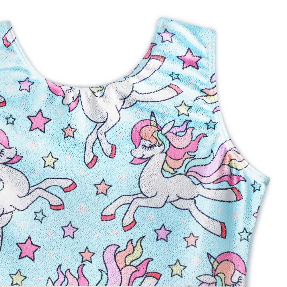 HOZIY Unicorn Leotards With Shorts for Girls Gymnastics Size 7-8 Year Old Sky Blue Rainbow Stars Sparkly Kids Leo Unitard Tumbling Outfits Biketard Ropa Gimnasia Para Niña