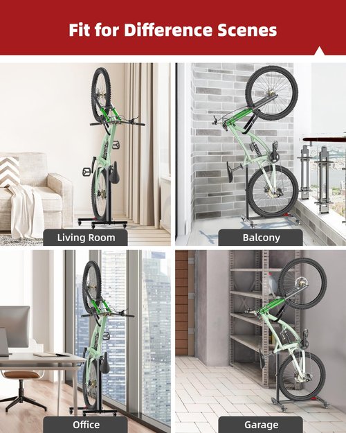 Fitense Bike Rack, Vertical Bike Stand with Swivel Casters, Horizontal Adjustable Height Bicycle Stand for Apartment, Bike Holder for Road, MTB & Hybrid Bikes - 2.5" Tire Width, Wheels Sizes up to 27”