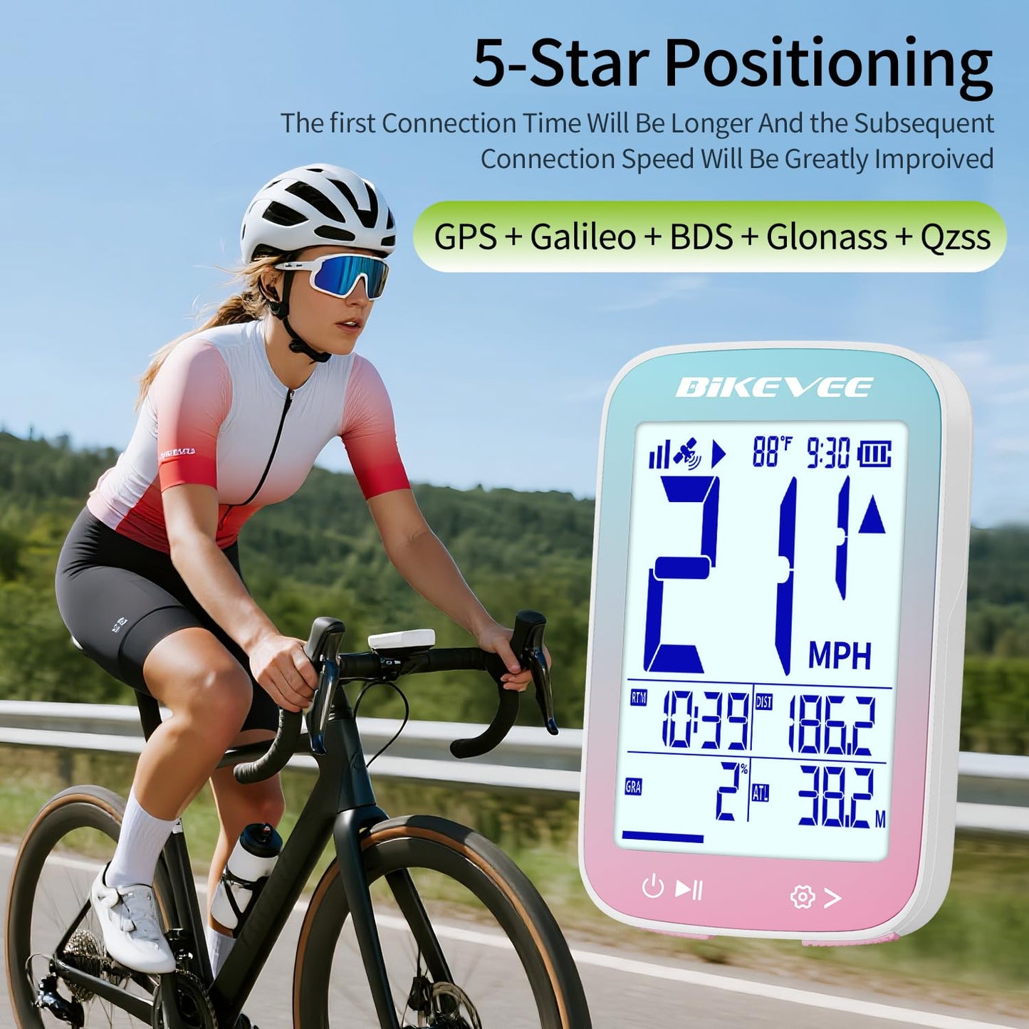 Bikevee GPS Bike Computer Wireless Cycling Computer with Auto Backlight, Bicycle Speedometer Odometer, Waterproof GPS Speed Tracker for Road Mountain Bikes - Pink