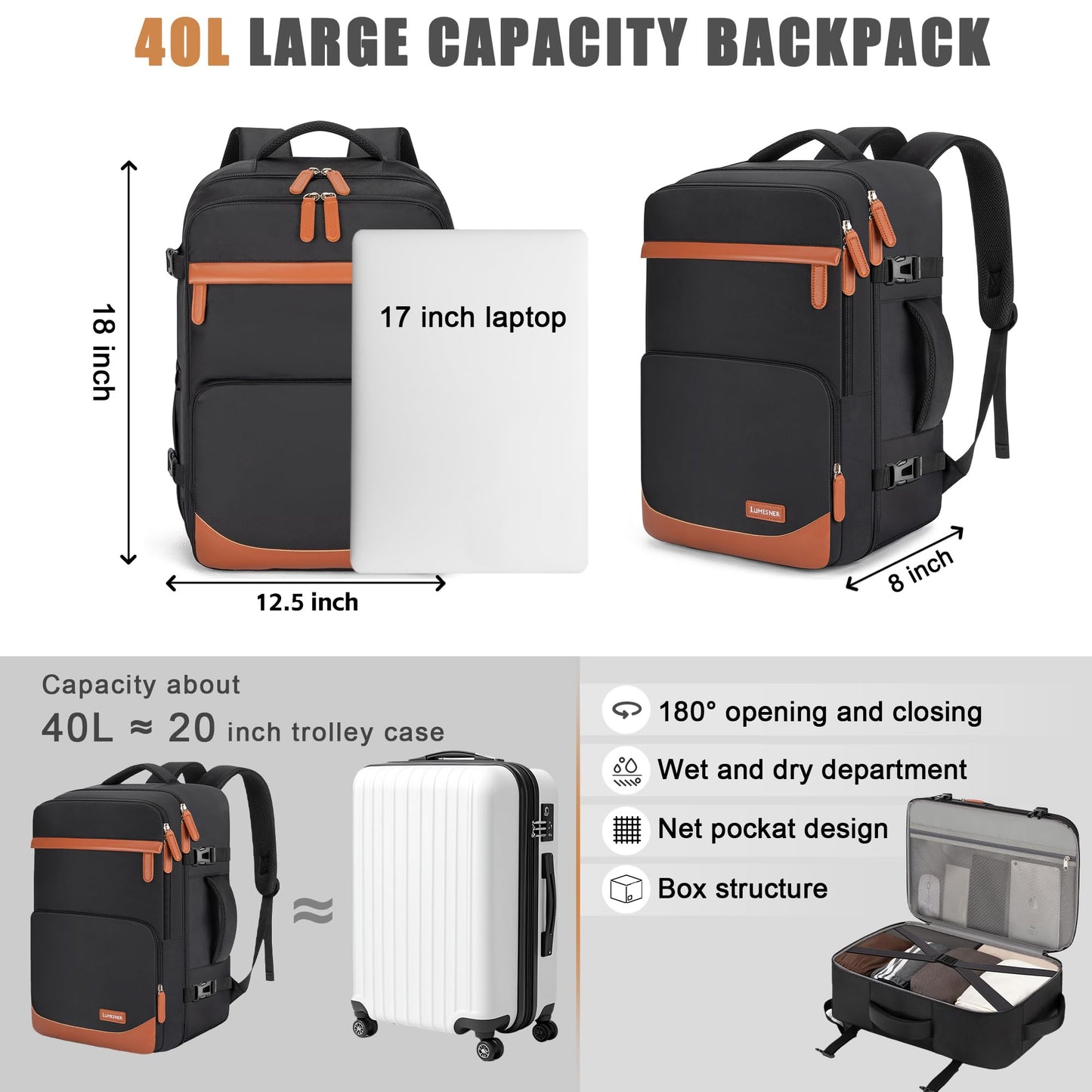 Velaybor 40L Travel Backpack, Water-Resistant Carry On Backpack for Men Women, Business Laptop Backpack for Trips & Commutes, Fits 15.6/17.3 Inch Laptop