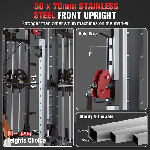Smith Machine - 2200lbs Squat Rack Home Gym with LAT-Pull Down System & Cable Crossover Machine - Training Equipment with Leg Hold-Down Attachment