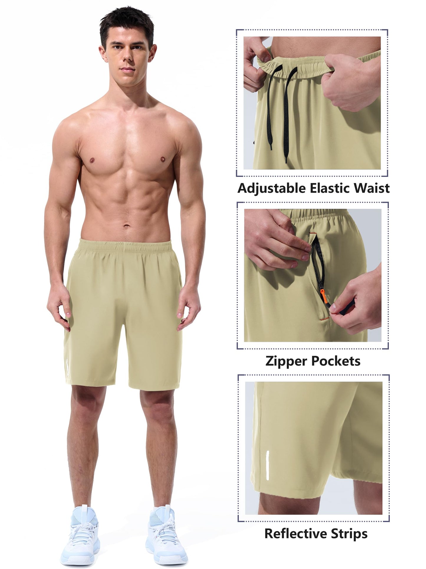 UIQUR Mens Athletic Shorts Running Shorts Quick Dry Workout Shorts 9" Lightweight Gym Basketball Shorts Zipper Pockets Khaki M