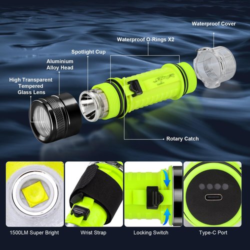 BlueFire Rechargeable Diving Flashlight, 1500 Lumen Scuba Diving Light, 3 Modes Underwater IPX8 Waterproof LED Flashlight,Night Dive Torch Submersible Light for Outdoor Under Water Sports (2 Pack)