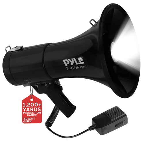 Pyle Portable Compact PA Megaphone Speaker with Alarm Siren & Adjustable Volume - 50W Handheld Lightweight Bullhorn - with Mic, AUX IN for MP3 & Rechargeable Battery - Indoor Outdoor Use - PMP561LTB