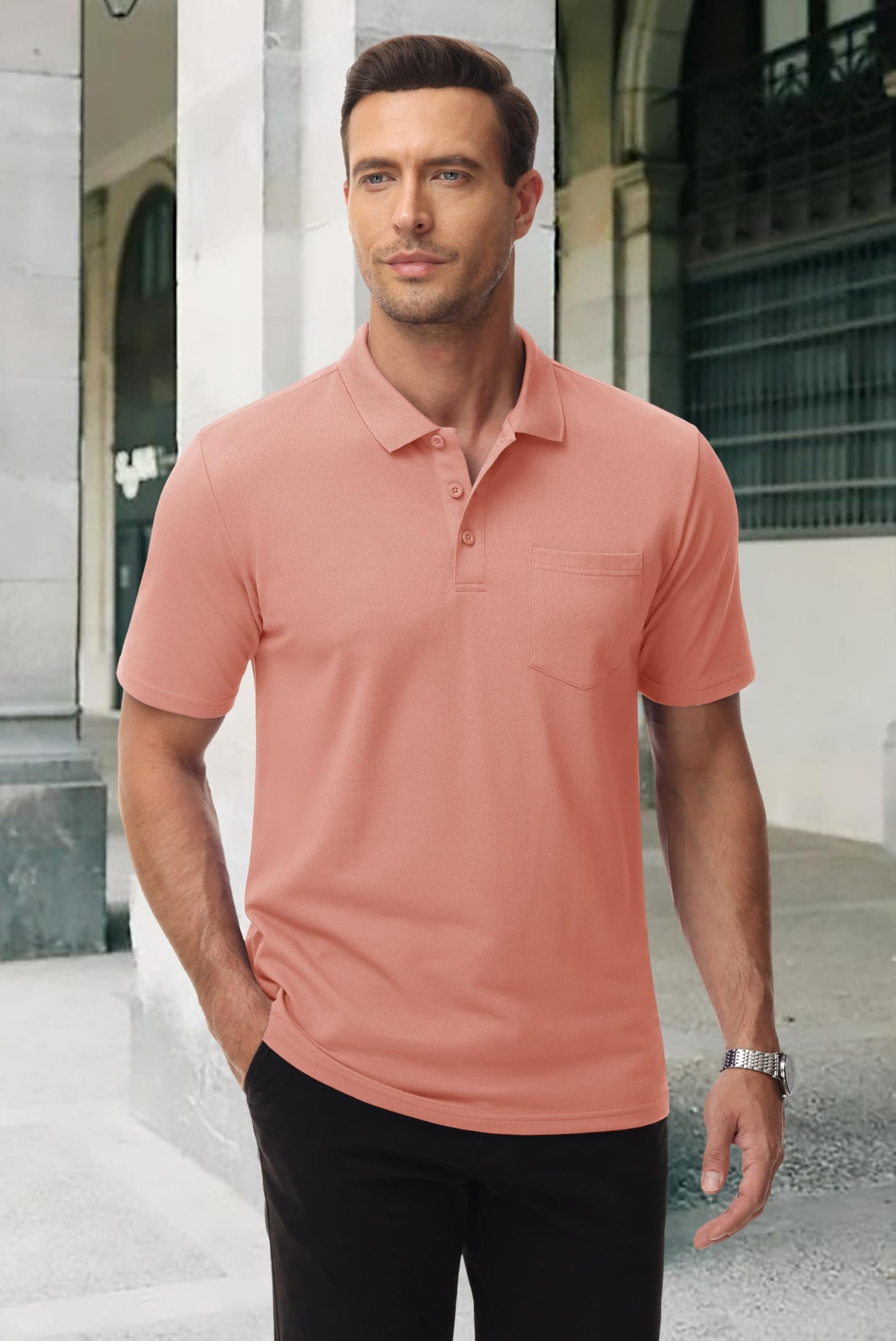 MAGCOMSEN Mens Polo Shirts with Pocket Cotton Pique Short Sleeve Collared Shirt Moisture Wicking Golf Shirts 3-Button Shirts Pink 2XL