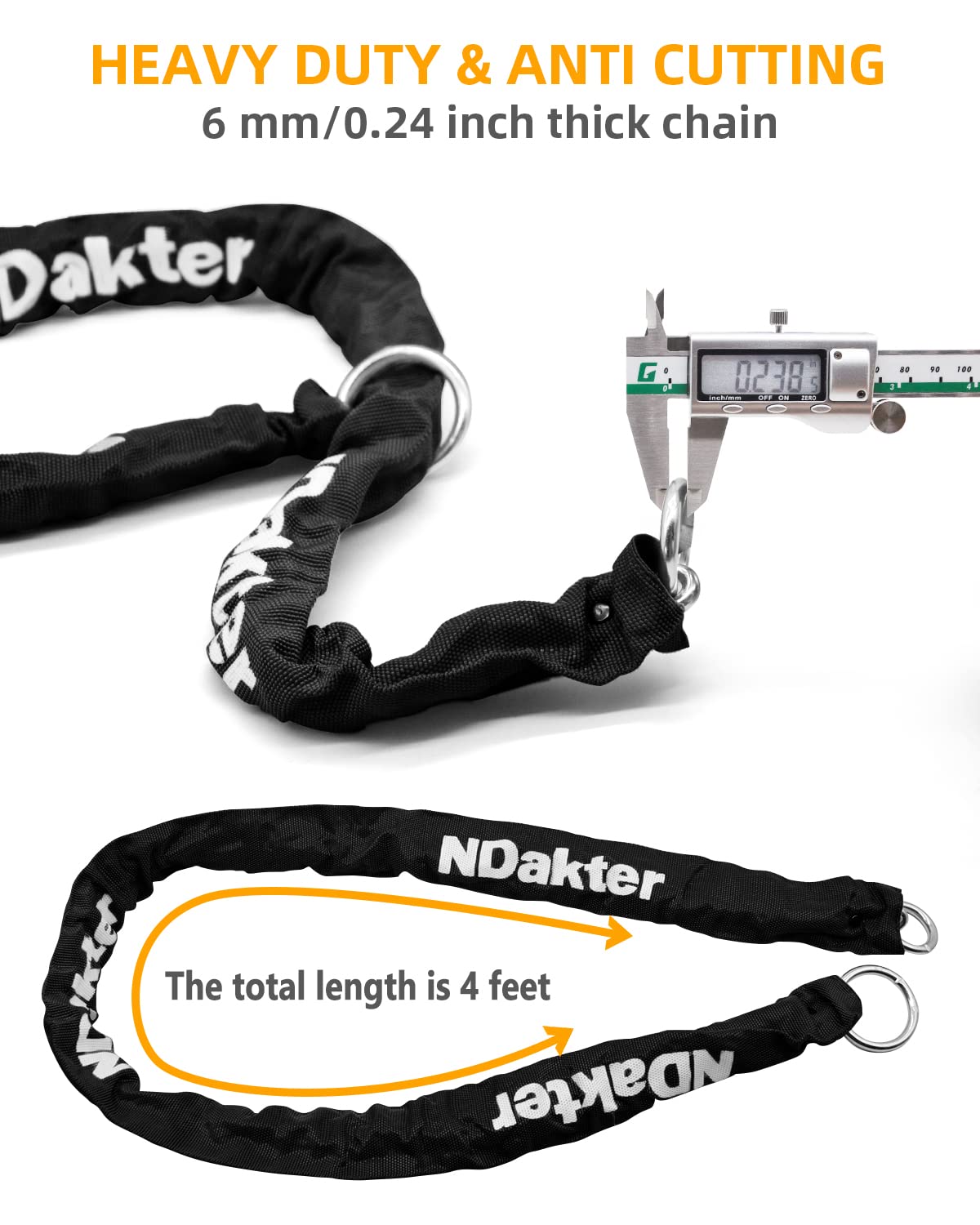 NDakter Bike Locks Heavy Duty Anti Theft 18mm Thick, Motorcycle U Lock with 4FT x 6mm Security Chain, 3Keys Large U-Shape Electric Bicycle Wheel Lock for Ebike, Escooter, Fat-Tire Dirt-Bike, Tricycle