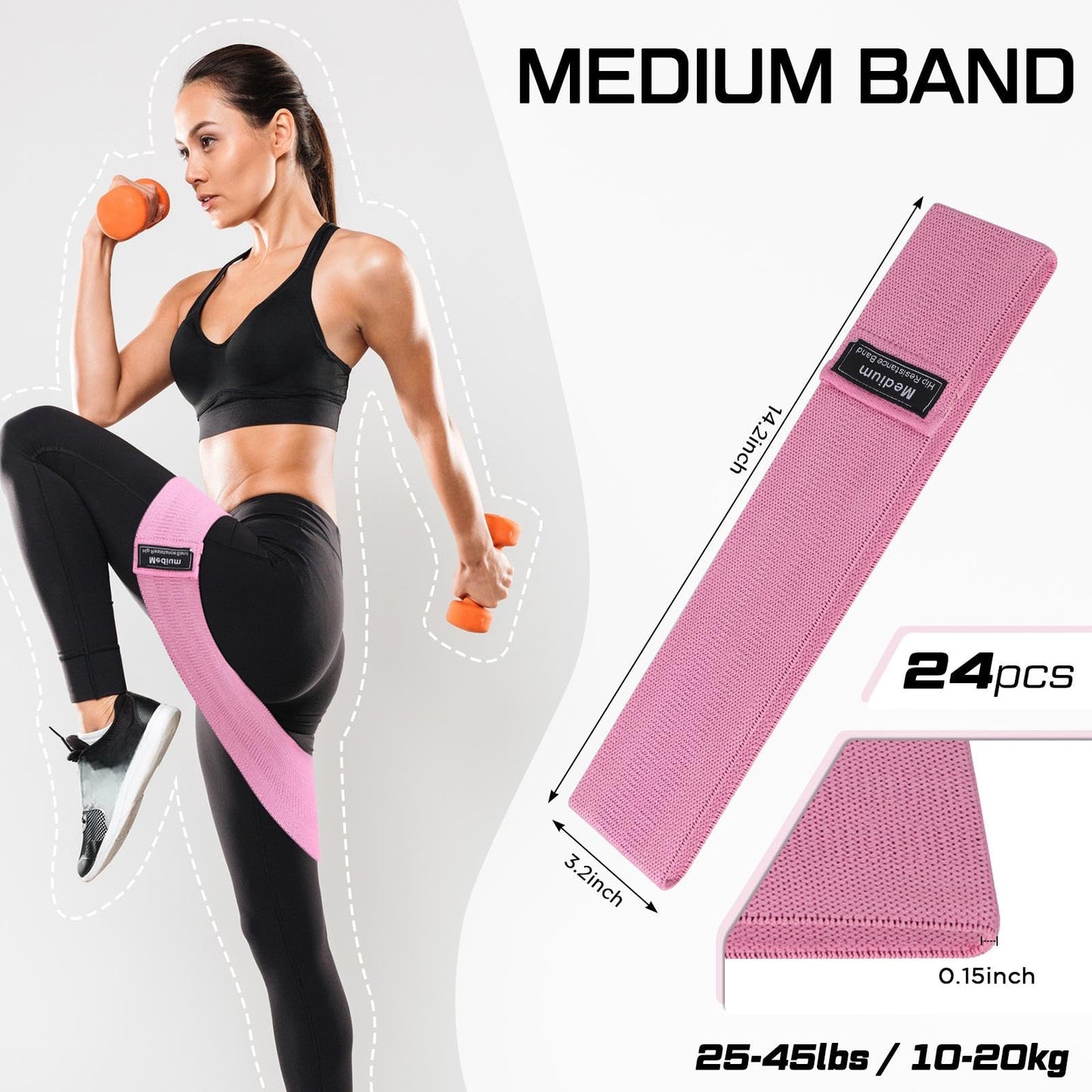 Bunnycool 24 Pcs Fabric Resistance Bands for Working Out Strength Exercise Bands for Women Men Resistance Loop for Legs and Butt, Yoga, Pilates, Rehab, Fitness and Home(Pink,Medium Resistance)