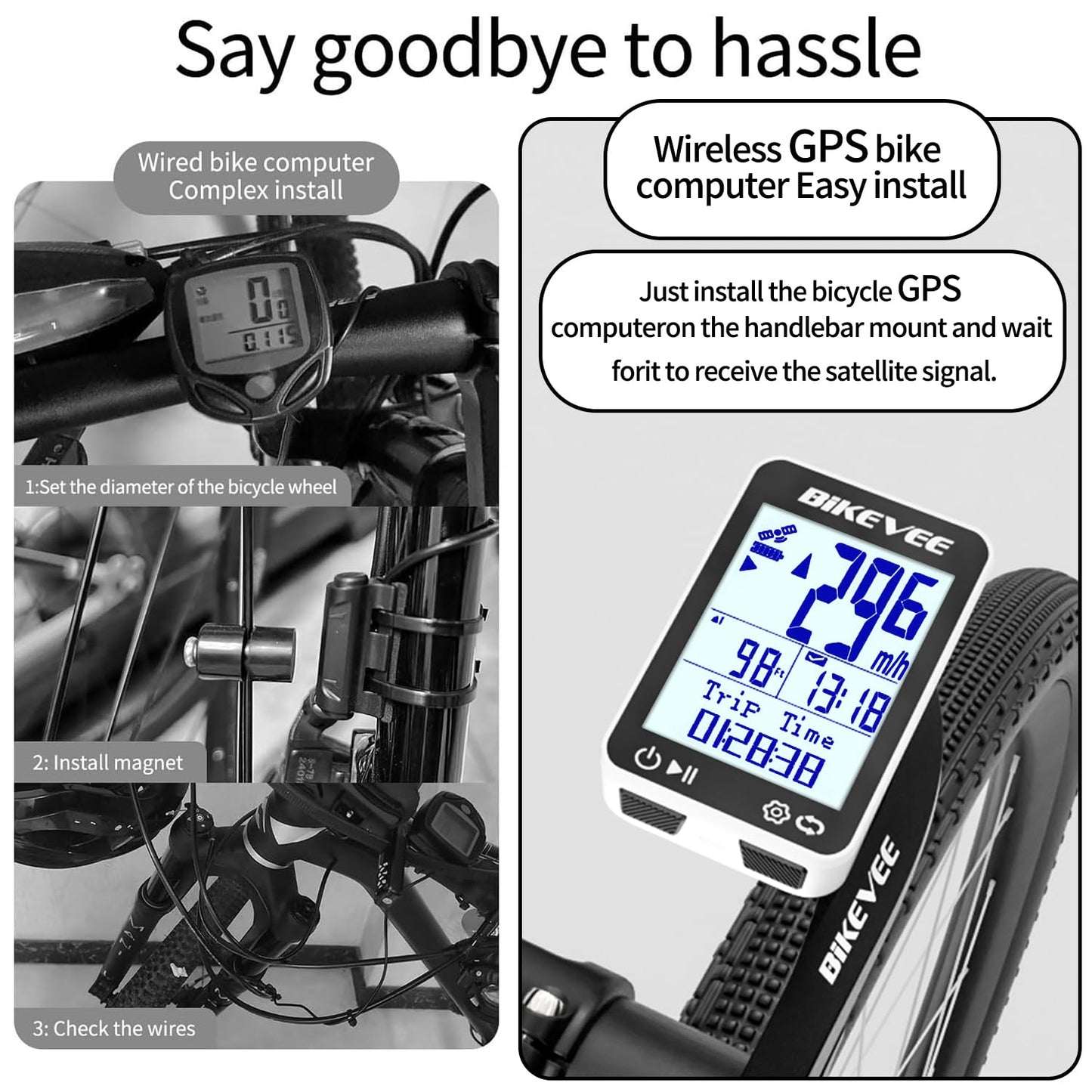 Bikevee GPS Bike Computer Wireless Bicycle Speedometer Odometer 9 Languages Auto Backlight Auto Start Stop IPX7 Waterproof 2.4 Inch LCD with Out Front Mount Supports MPH KMH - White