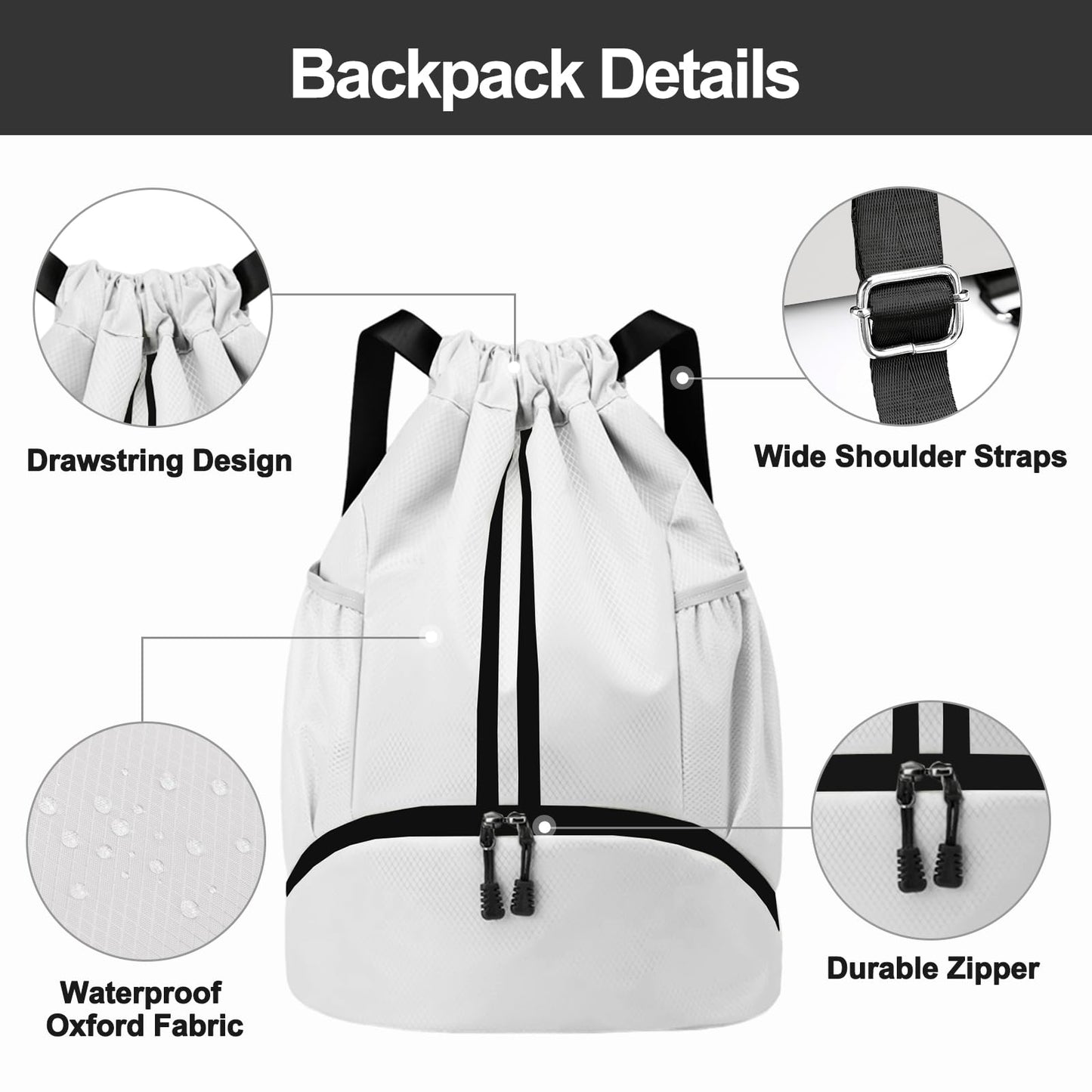 Hoedia Sports Drawstring Backpack - String Swim Gym Bag with Shoes Compartment and Wet Proof Pocket for Women/Men (White)