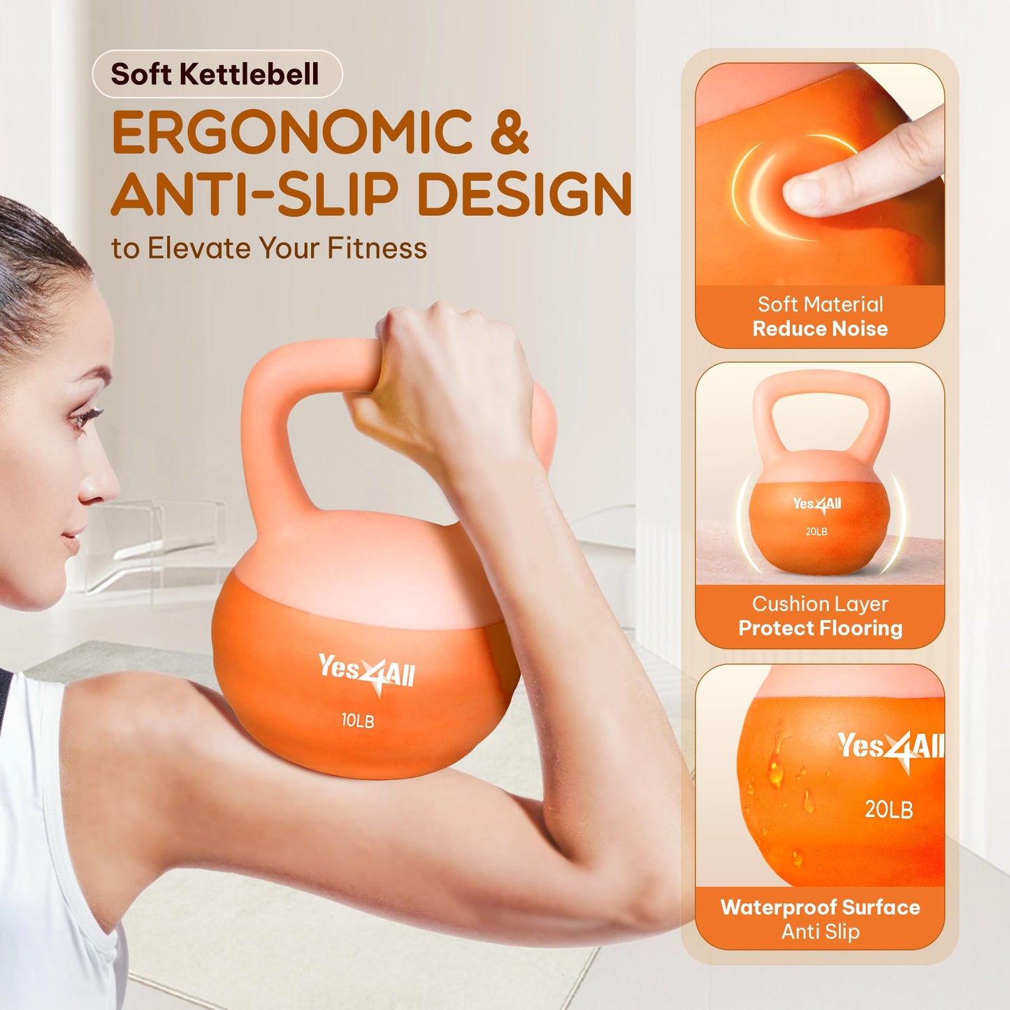 Yes4All Soft Kettlebell, PVC Kettlebells Exercise Weights, 5LB/10LB/15LB/20LB Color-Coded Strength Training Kettlebells, Soft & Gentle Hand Weights for Women at Home - 20LB - Peach Fuzz