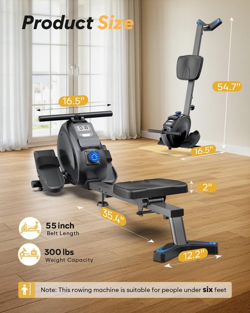 Rowing Machine for Home, Magnetic Rower Machine 300lbs Capacity, Compact Upright Storage Rower for Small Space, 8 Levels Adjustable Resistance, Works with Kinomap