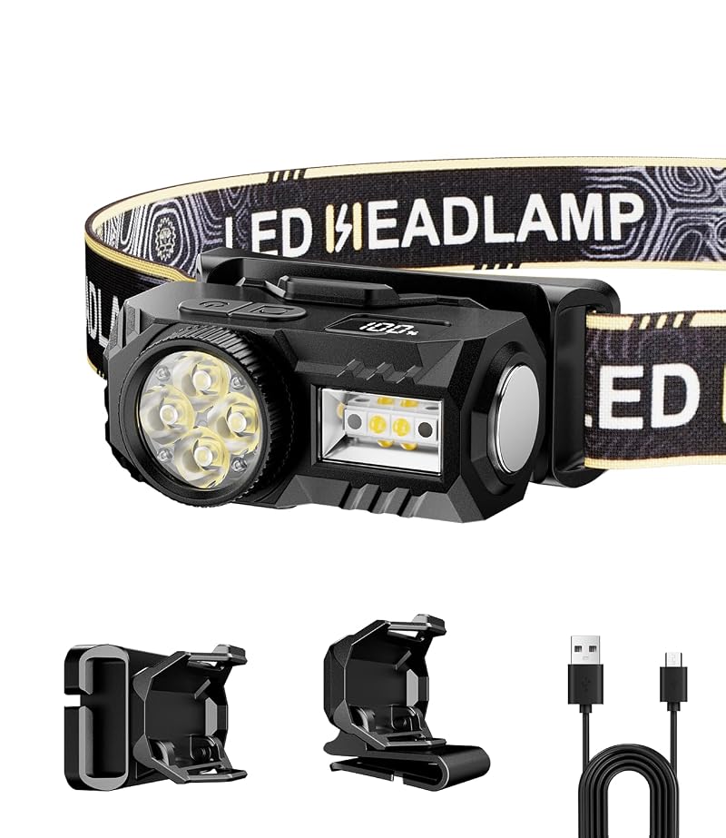 LED Rechargeable Headlamp 6 Modes USB-C, 120° Wide Beam, IPX4 Headlight for Camping & Hiking (Black)