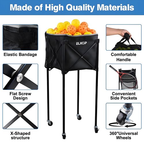 ELKCIP Portable Pickleball & Tennis Ball Hopper with Wheels, Foldable Sports Balls Teaching Cart, Lightweight Softball Caddy, Large Capacity Baseball Basket Carrier for Training