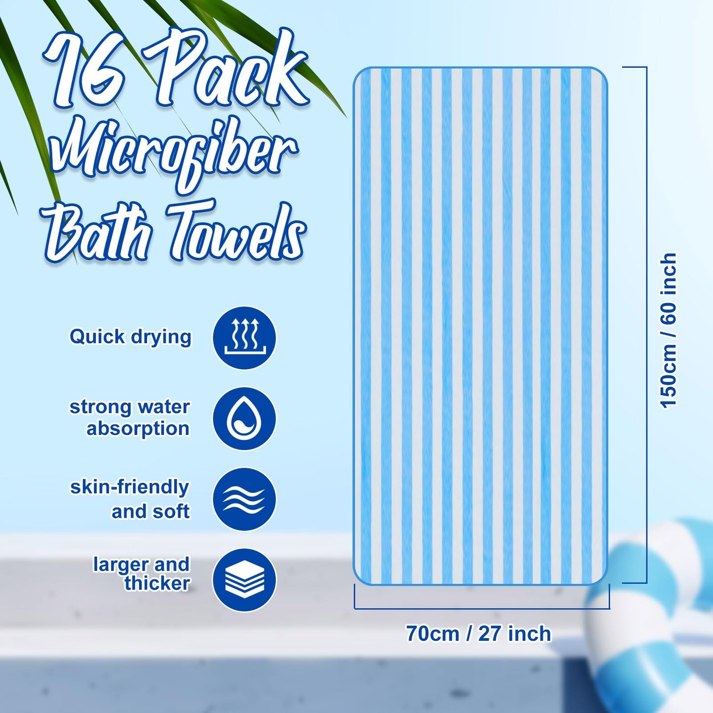 SmoothNovelty 16 Pack Microfiber Bath Towels Bulk 27'' x 60'' Oversized Size Bath Towel Highly Absorbent Extra Large Soft Drying for Beach Shower Summer Salon Sport Gym Party (Stripes,Light Blue)