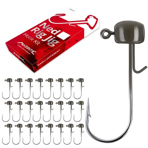 MadBite Ned Rig Jig Hook Kits, Finesse Mushroom Jig Heads for Soft Lures (Green Pumpkin, 1/8 oz)
