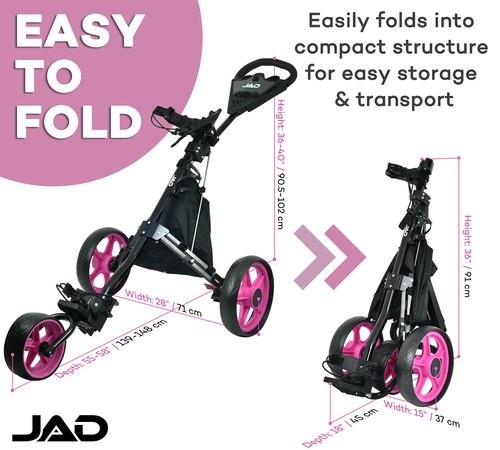 JUST AMAZING DEALS Golf Push Cart 3 Wheel - JAD Pro Golf Ladies Pushcart for Women Golfers, Super Lightweight Deluxe Easy to Fold Collapsible Golf Pull Cart (Pink)