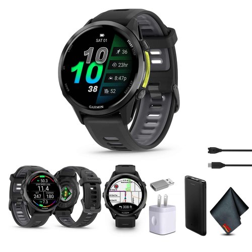 Garmin Forerunner 970 Running Smartwatch, GPS Fitness Smart Watch for Men and Women, Carbon Gray DLC Titanium with Black Case and Black/Translucent Whitestone Band Bundle with P-Bank + More