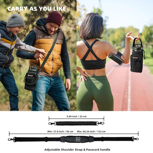NATURE PIONEOR Water Bottle Carrier with Adjustable Strap - Insulated Sleeve Pouch Water Bottle Holder Bag with Paracord Handle & 2 Storage Pockets for 18/24/25/26/32/36/40/46oz, Hiking, Camping, Gym
