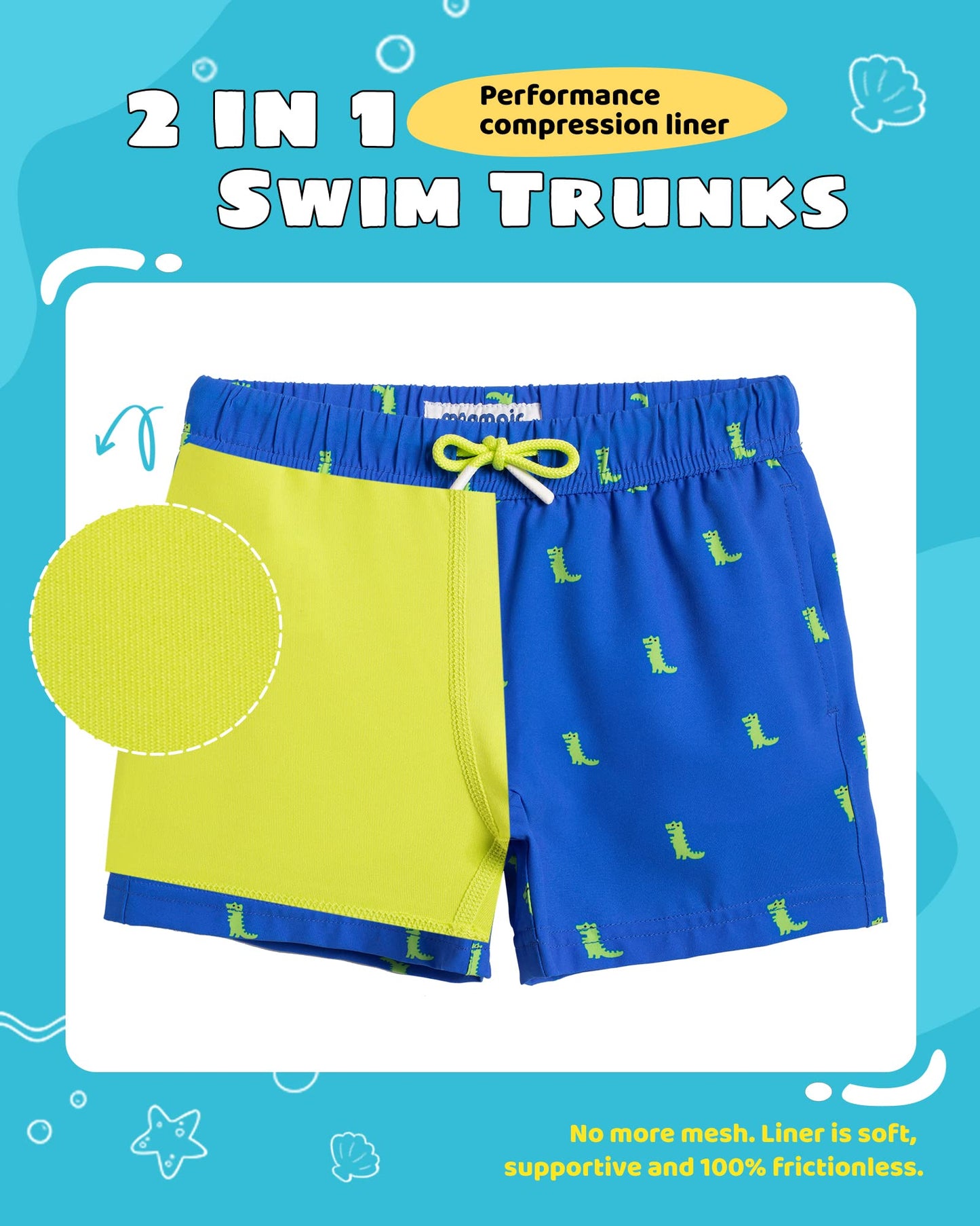 maamgic Boys Swim Trunks with Compression Liner Toddler Stretch Swim Shorts Quick Dry Swimming Trunks Boxer Brief 2 in 1 Beach Shorts Blue Dinosaurs 14/16