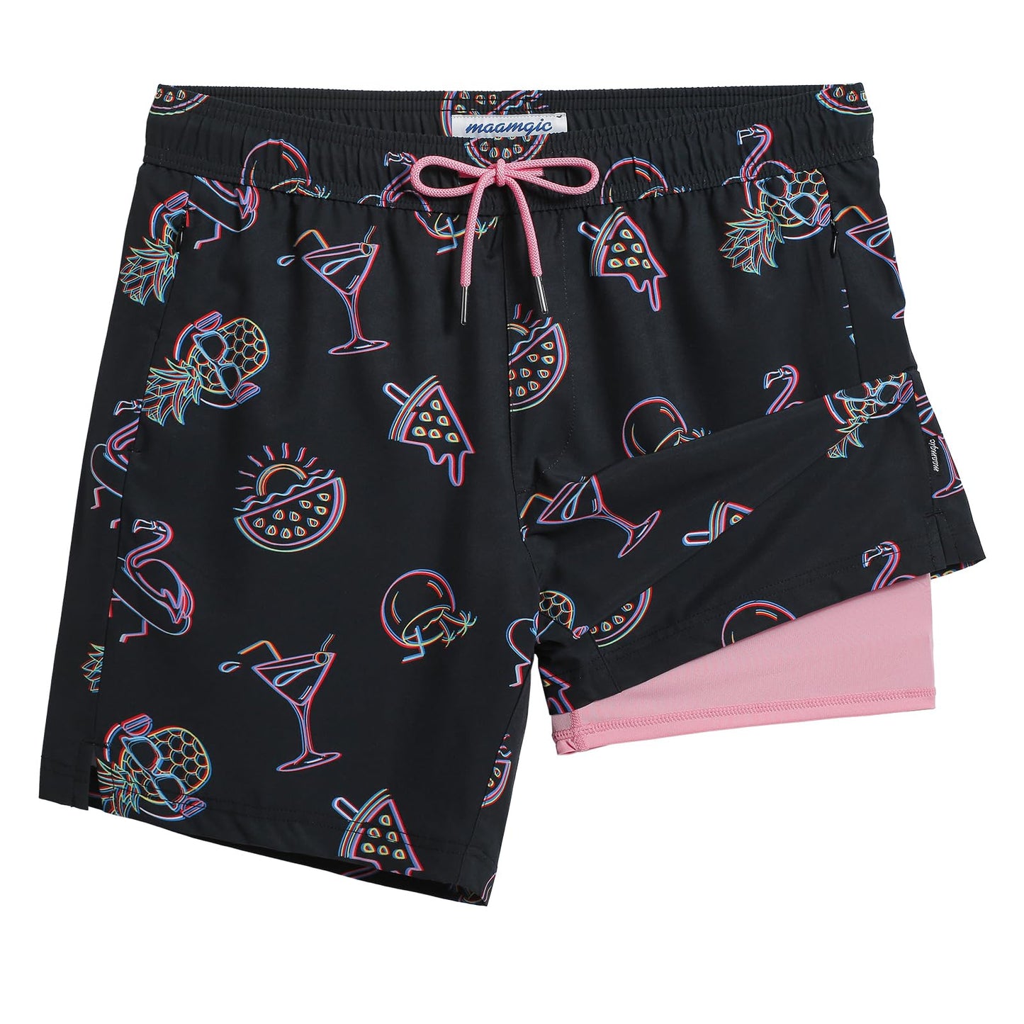 maamgic 2 in 1 Mens Swim Trunks 7 Inch Swim Shorts Swim Suits Board Shorts Party Night-Black X-Large