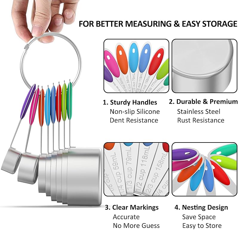 Multicolor 21-Piece Stainless Steel Measuring Cups & Spoons Set with Silicone Handle - Includes 8 Cups, 8 Spoons & 5 Mini Spoons