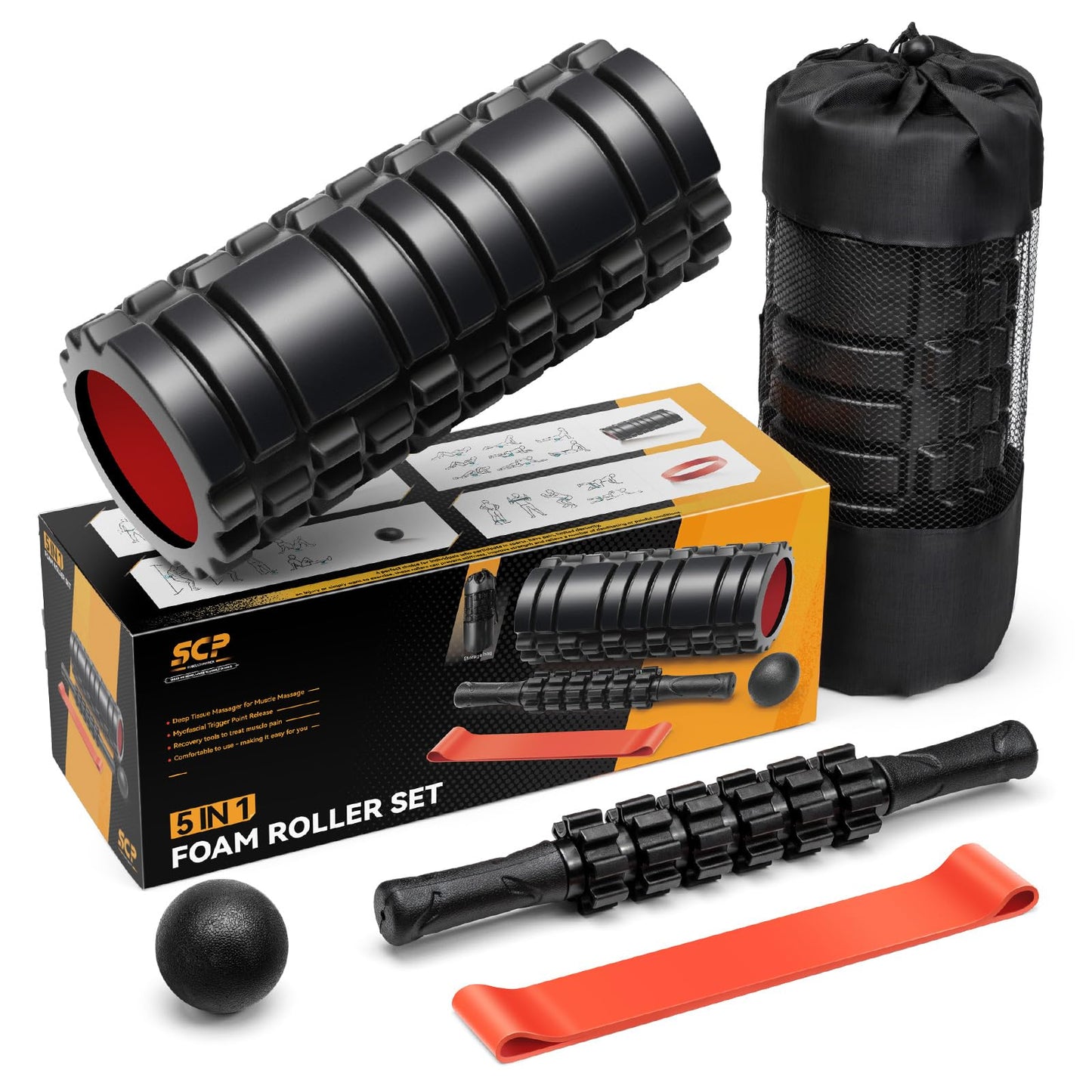 5 in1 Foam Roller Set, Trigger Point Foam Roller, Massage Roller Stick, Massage Ball, Resistance Band for Deep Muscle Massage Pilates Yoga,Fitness Exercise for Whole Body (Black)