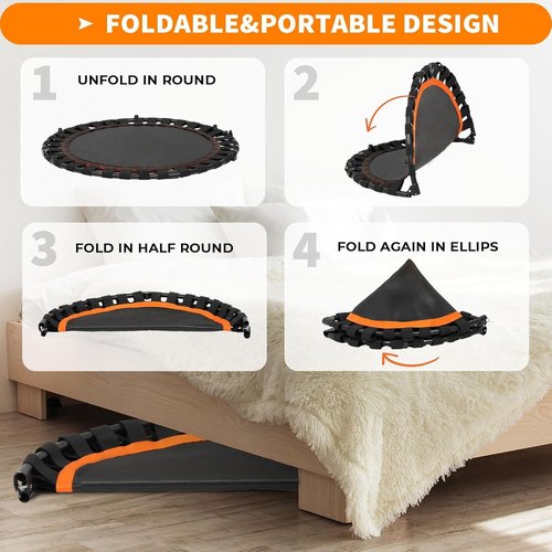 Kikihuose 50” Foldable Mini Trampoline for Adults, 330 LBS Bungee Rebounder Trampoline Indoor/Outdoor with T Shape Adjustable Foam Handle, Stable, Quiet Exercise Workout Equipment for Home Gym