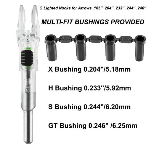 6 Pack G Lighted Nocks for Arrows with .165 .204 .233 .244 .246 Inside Diameter with X, H, S, GT Bushings High Visibility Lighted Arrow Nocks (Green - 6 Pack)