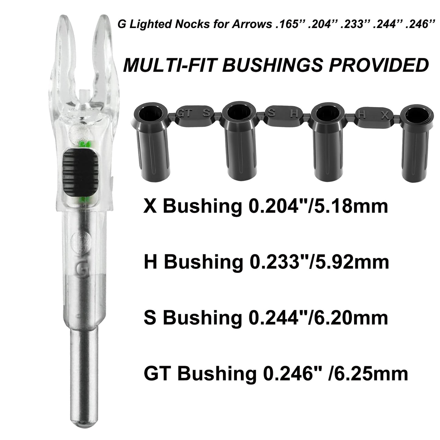 KEAUP 6/12 Pack G Lighted Nocks for Arrows with .165 .204 .233 .244 .246 Inside Diameter with X, H, S, GT Bushings High-Visibility LED Arrow Nocks, ON/Off Switch Included