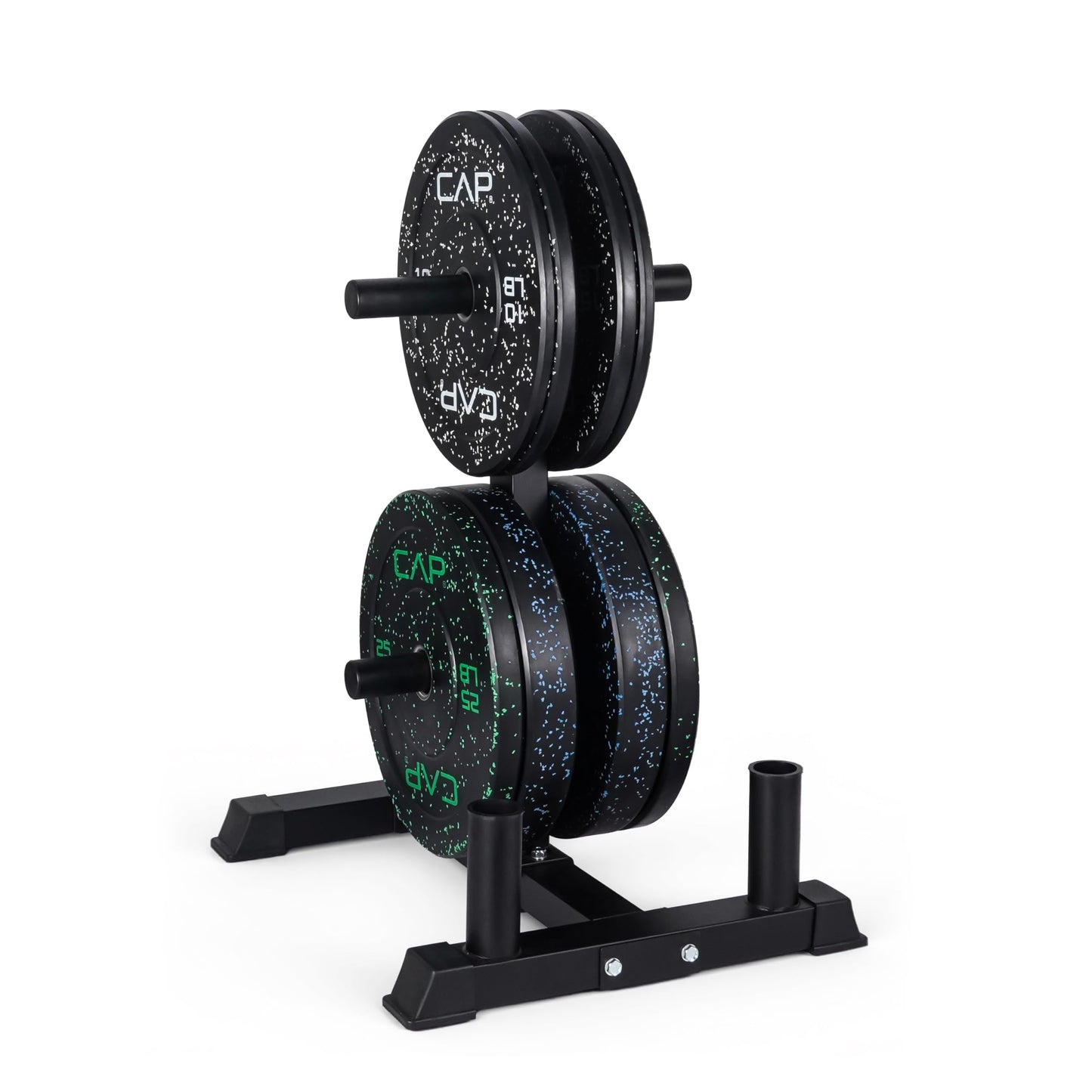 CAP 190 lb Economy Speckled Olympic Bumper Plate Set with Compact Storage Rack, 2-Inch Olympic Plates, Medium Bounce Rubber Weight Plates with Steel Hub, 4 Weight Posts & 2 Barbell Holders for Weightlifting, Strength Training & Home Gym Workouts
