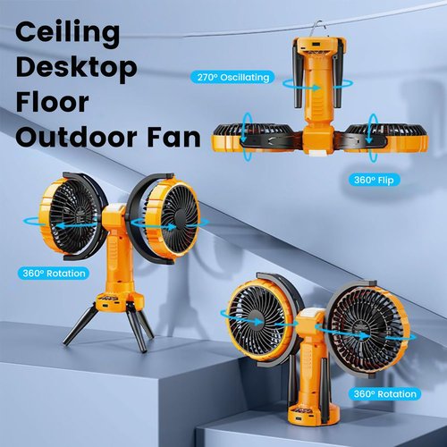 Outdoor Camping Fan with LED Light, Rechargeable Portable Dual Head Fan,Battery Powered with Cooler Tent Hook Fans,270° Oscillating 360° Rotation ,USB Desktop Fan for Travel,Fishing,Home (Yellow)