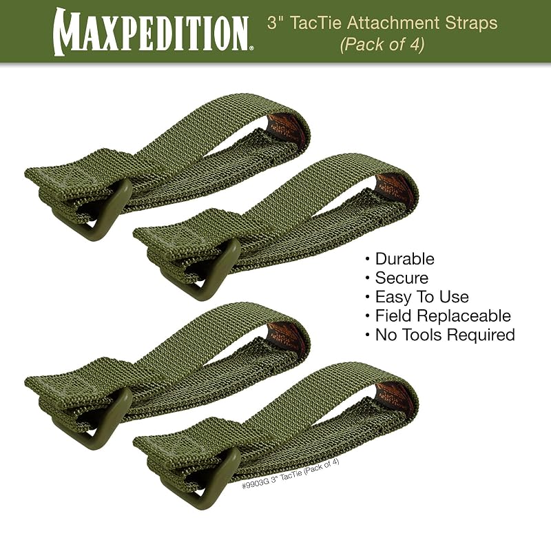 TacTie 3-Inch Attachment Straps (Pack of 4) MOLLE Clips for Pouches – Green