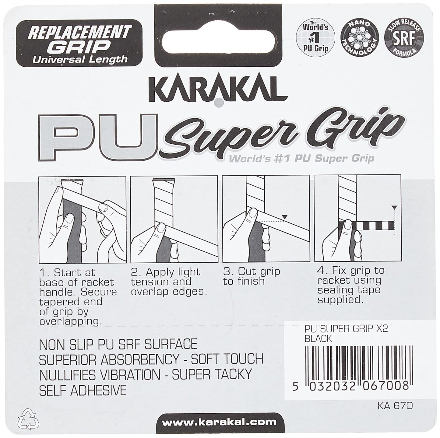 Karakal PU Supergrip Replacement Racquet Grip - Tennis/Badminton/Squash 2 x Grip (Black)
