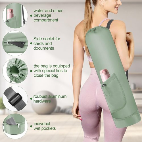 Yoga Mat Bag with Adjustable Strap, Waterproof Yoga Mat Carrier with Multi-Functional Storage Pockets, Practical Yoga Bag for Women, Fits Gym Class Workout Travel (Green)