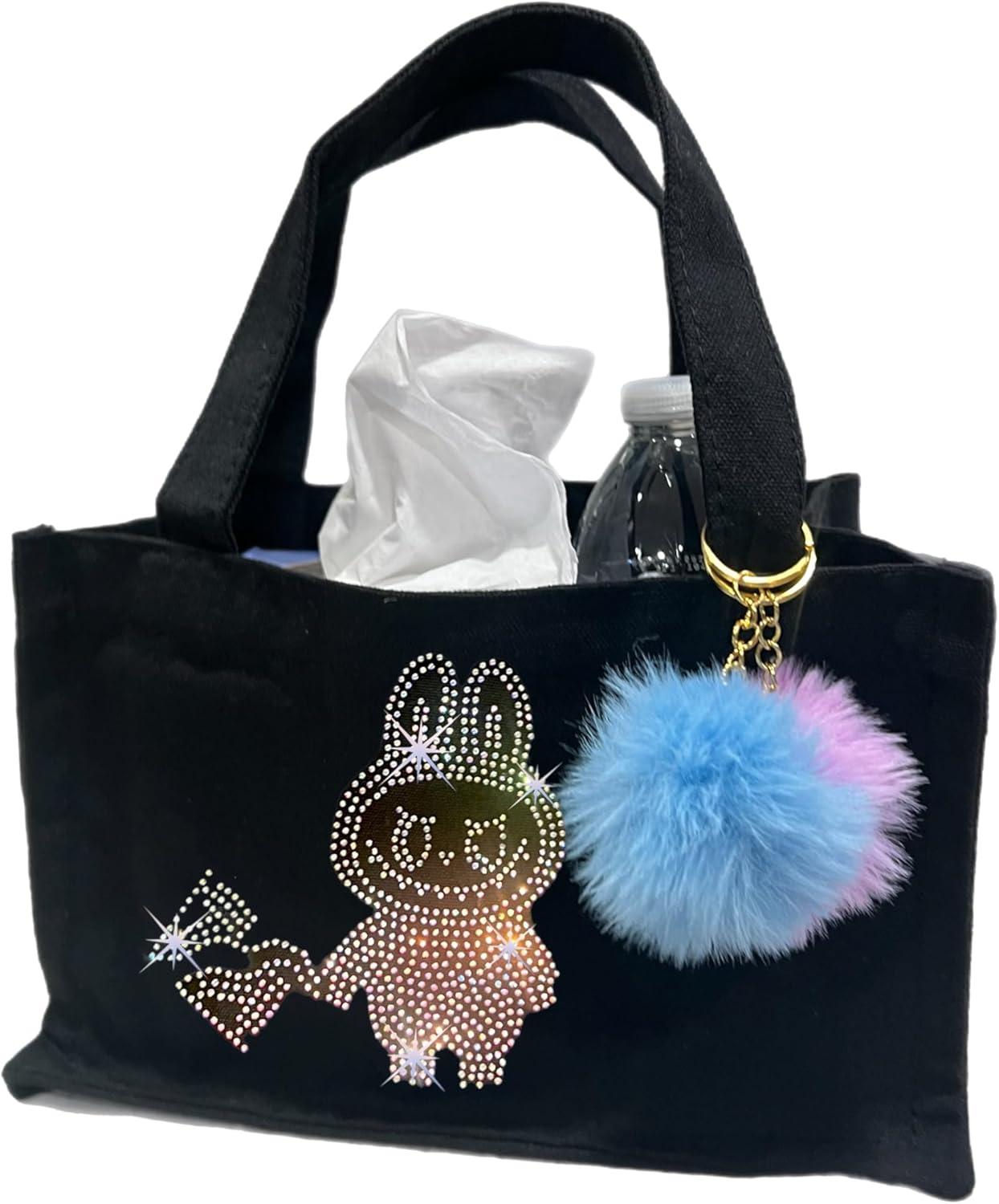 Ice Skating Accessories Rink Tote Bag, Rhinestones Design, Black Canvas, Dual Pom Pom Charm (color may vary)