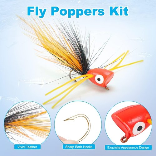 Ansnbo 12 pcs Fly Fishing Popper Flies, Fly Popper Lures Bass Panfish Bluegill Crappie Popping Bug Sunfish Trout Salmon Poppers Flys Kit for Flys Fishing
